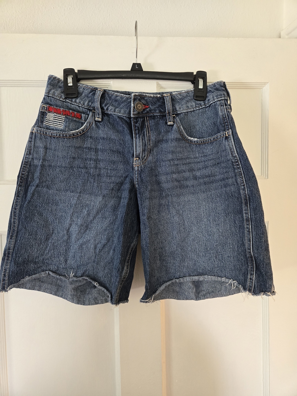 Hollister Blue Denim Cutoff Jorts with Red Accent